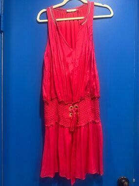 Ramy Brook Hot Pink Pleated Sleeveless Dress with Embroidered Neckline